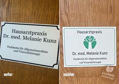Praxisschild für Dr. med. Melanie Kunz | Vergleich vorher / nachher