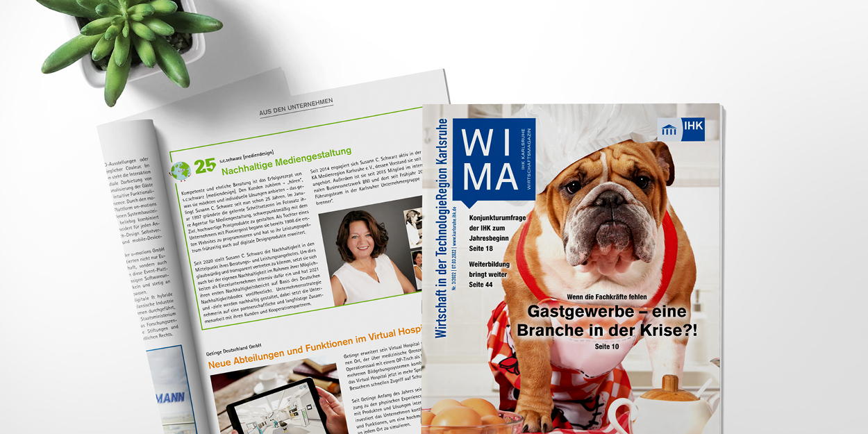 WIMA - Wirtschaftsmagazin der IHK Karlsruhe | Redaktioneller Bericht zum 25. Firmenjubiläum von s.c.schwarz [mediendesign]